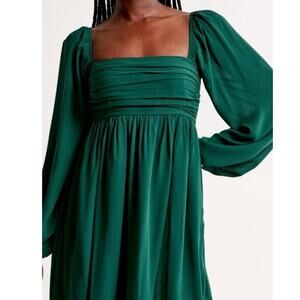 Abercrombie & Fitch Women's Ruched Long Sleeve Babydoll Dress Medium Green